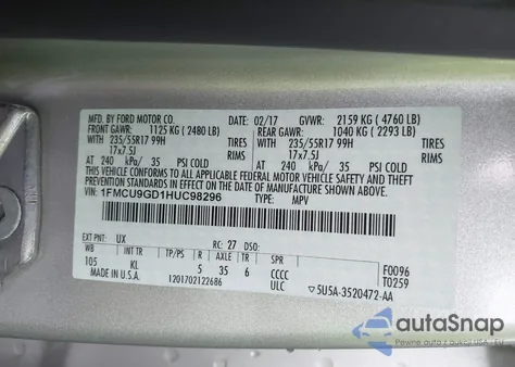 2017 Ford Escape Se из США, поврежденный, VIN 1FMCU9GD1HUC98296